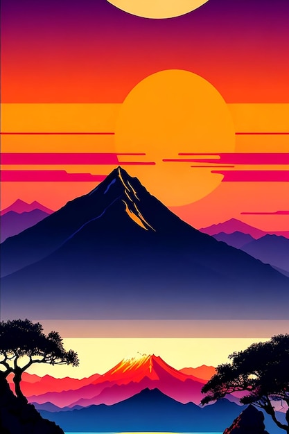 An iPhone background with a fullcolor Japanese print style image of a sunAigenerated