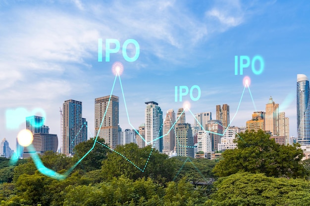 IPO icon hologram over panorama city view of Bangkok the hub of initial public offering in Asia The concept of exceeding business opportunities Double exposure