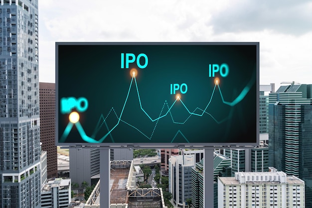 IPO icon hologram on road billboard over day time panorama city view of Singapore The hub of initial public offering in Southeast Asia The concept of exceeding business opportunities