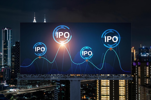 IPO icon hologram on road billboard over night panorama city view of Kuala Lumpur KL is the hub of initial public offering in Malaysia Asia The concept of exceeding business opportunities