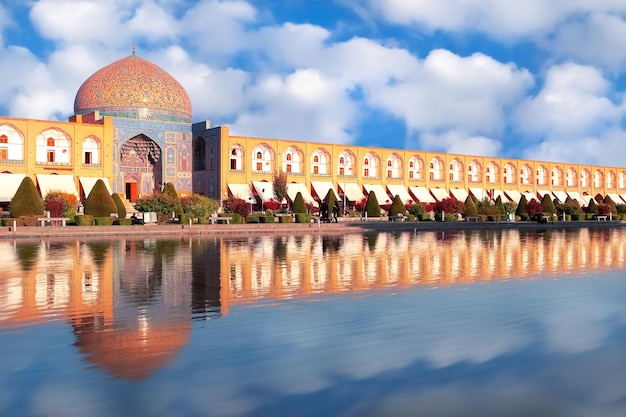 Iran Sheikh Lotfollah Mosque at Naqshe Jahan square in Isfahan against sunset 17th century