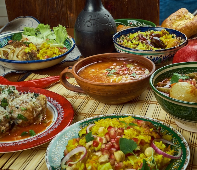 Iranian cuisine - Traditional assorted Persia dishes, Top view.