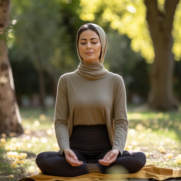 Iranian woman meditates in park eyes closed hands in prayer position wearing traditional clothing