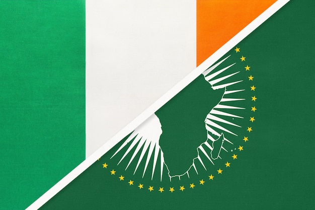 Ireland and African Union national flag from textile Africa continent vs Irish national flags