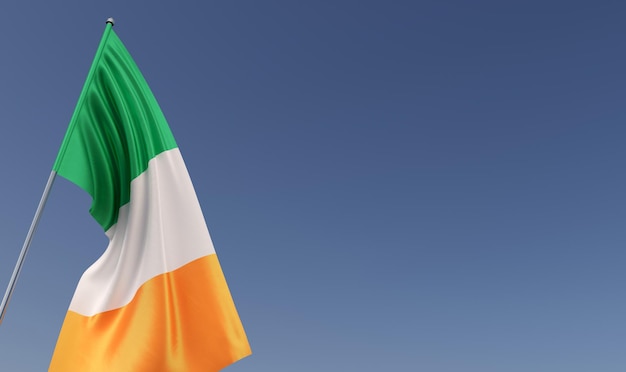 Ireland flag on flagpole on blue background Place for text The flag is unfurling in wind Irish Dublin Europe 3D illustration