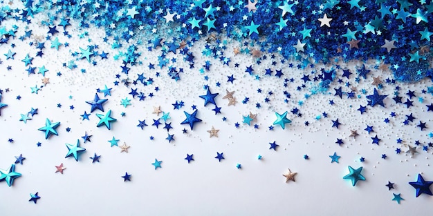 Iridescent Blue Falling Stars Glitter Confetti on White Festive Background