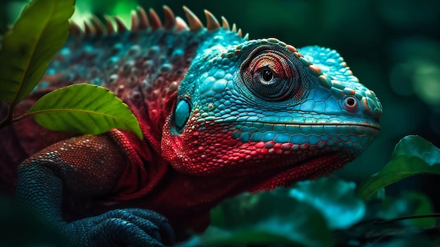 An iridescent chameleon rests on green leaves