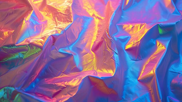 Iridescent Crinkled Fabric with grunge texture Holographic Rainbow colors background AI Generated