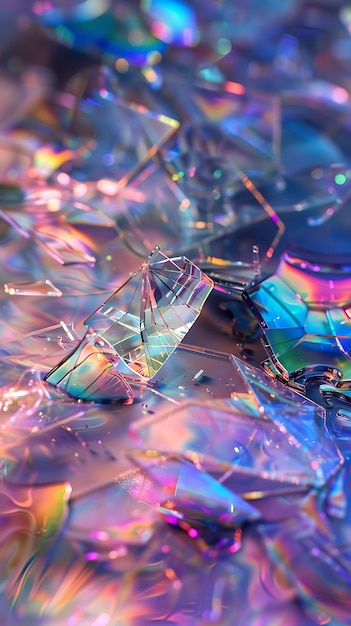 Iridescent glass shards on a dynamic holographic background