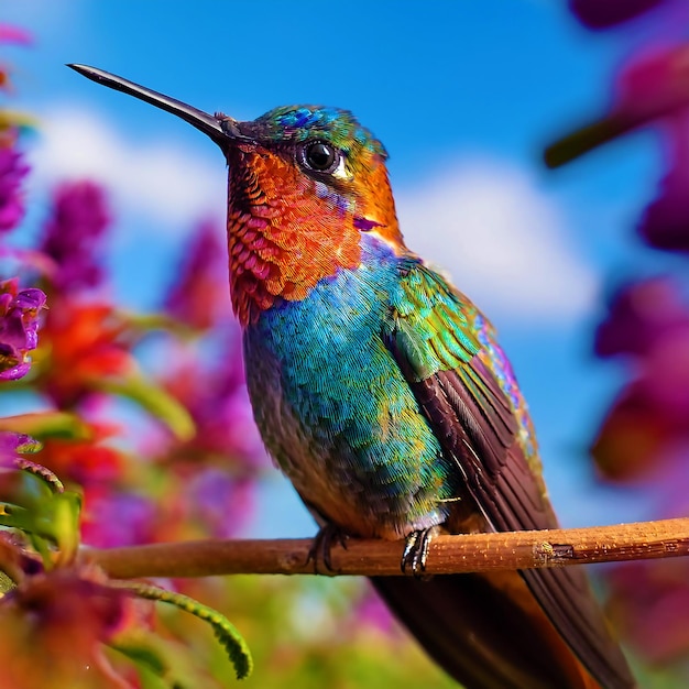 Photo iridescent hummingbird perched on a branch at sunset