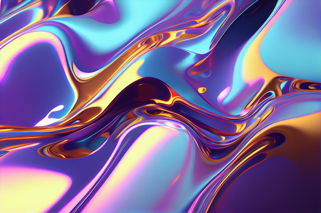 Iridescent liquid metal surface with ripples 3d illustration Abstract fluorescent fluid background