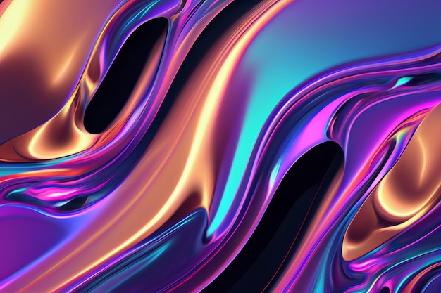 Iridescent liquid metal surface with ripples 3d illustration Abstract fluorescent fluid background