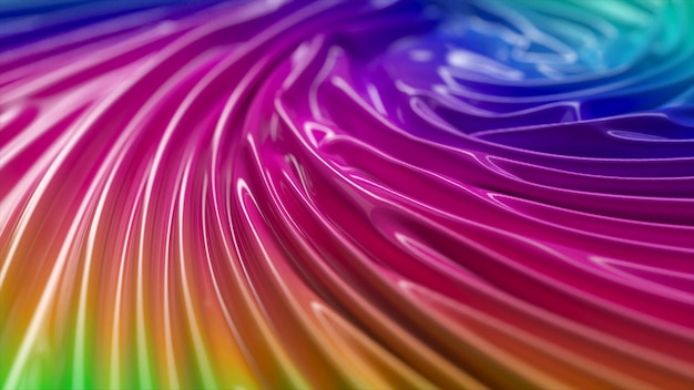 Iridescent liquid surface swirls in the center Creases and ripples on a glossy surface Rainbow abstract background