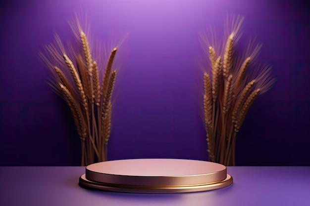 iridescent podium close shot purple backg studio with Wheat