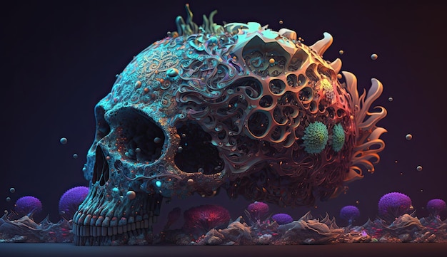 Iridescent Sea Corals and Space in the Shape of a Skull with Generative AI