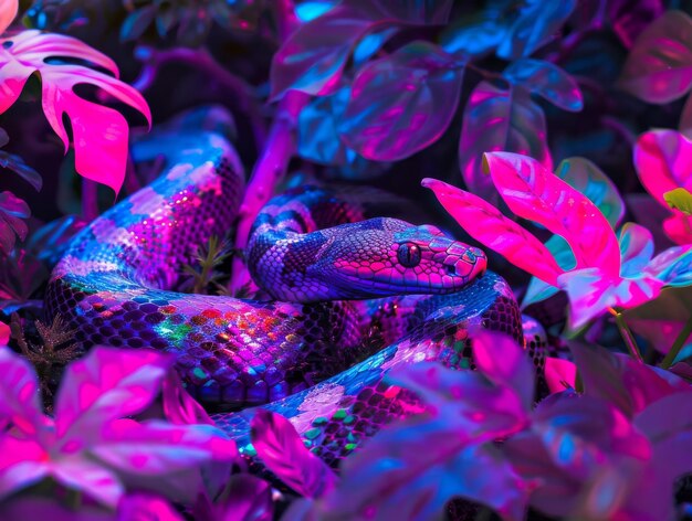 Photo iridescent snake weaving through a neonlit garden its colors blending with the foliage