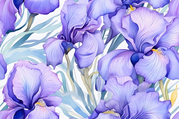 Iris flowers tileable watercolor hand drawn seamless pattern created with Generative AI