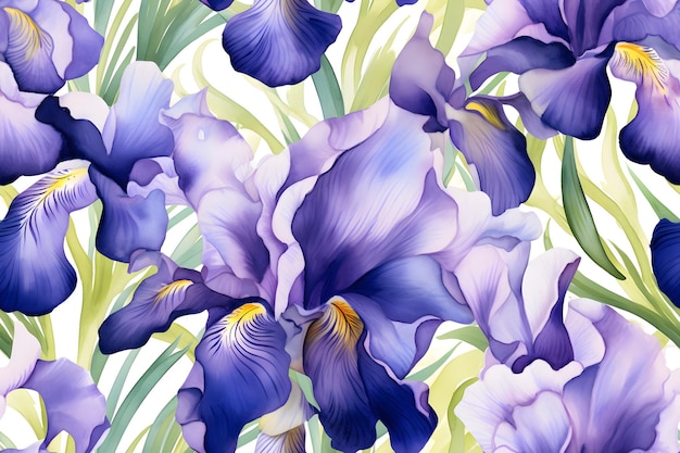 Iris flowers tileable watercolor hand drawn seamless pattern created with Generative AI