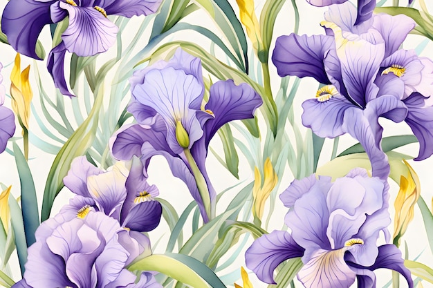 Iris flowers tileable watercolor hand drawn seamless pattern created with Generative AI