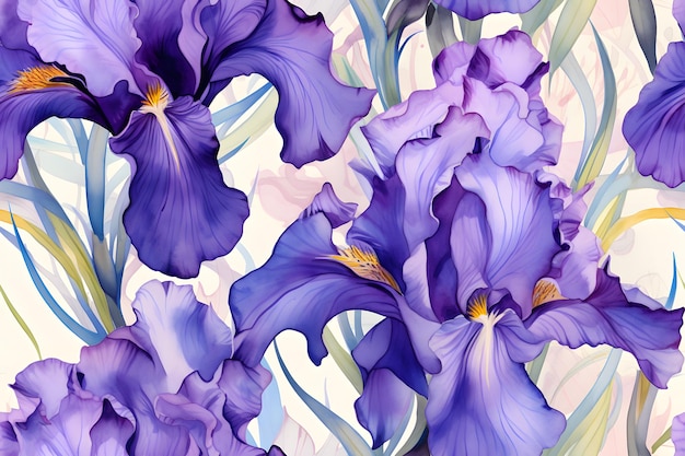 Iris flowers tileable watercolor hand drawn seamless pattern created with Generative AI