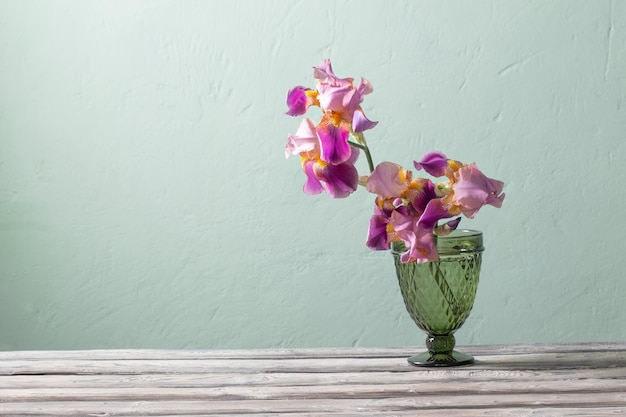 Irises in beautiful glass vase against green wall