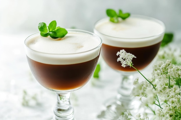 Photo irish coffee cocktail with whipped cream and mint garnish is a classic cocktail perfect for a s