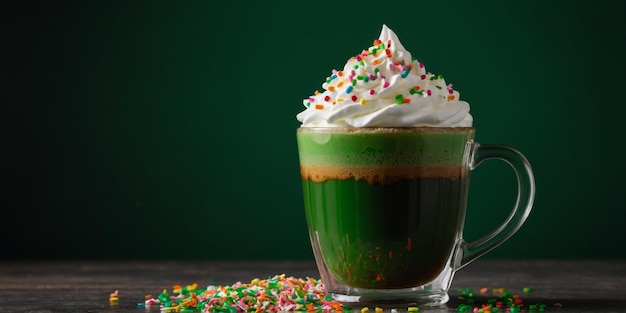 Photo irish coffee in green cup with whipped cream and sprinkles for st patricks day on green background close up copy space vertical format minimal style monochrome