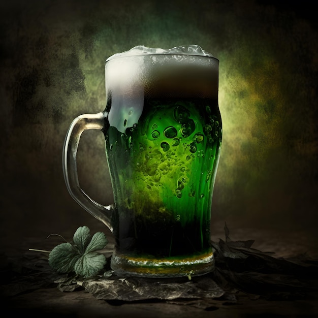 Irish green beer St Patrick's Day shamrock A glass mug of foamy green beer on the table Cultural religious holiday on March 17