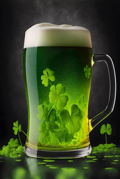 Irish green beer St Patrick's Day shamrock A glass mug of foamy green beer on the table Cultural religious holiday on March 17