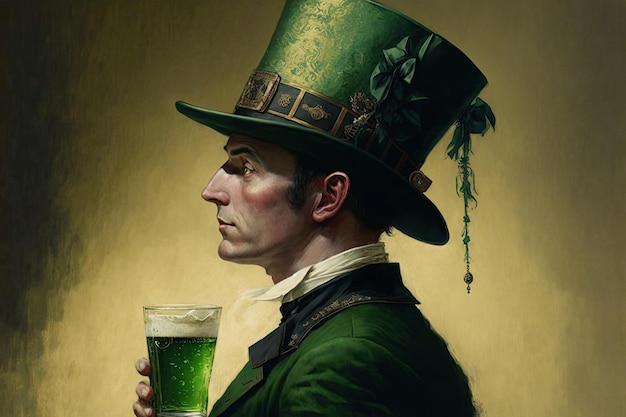 Irish man in a green hat with a glass of beer celebrates St Patrick's Day Cartoon style