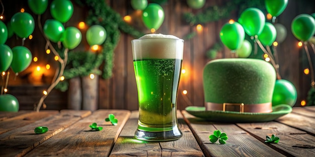 Irish Pub Concept with Pint of Beer Leprechaun Hat and Green Balloons on Wooden Table