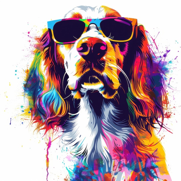 Irish Red and White Setter dog wearing sunglasses in colorful pop art style