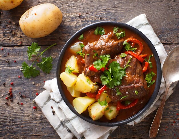 Photo irish stew made with beef top view shot of beef stewed in tomato sauce