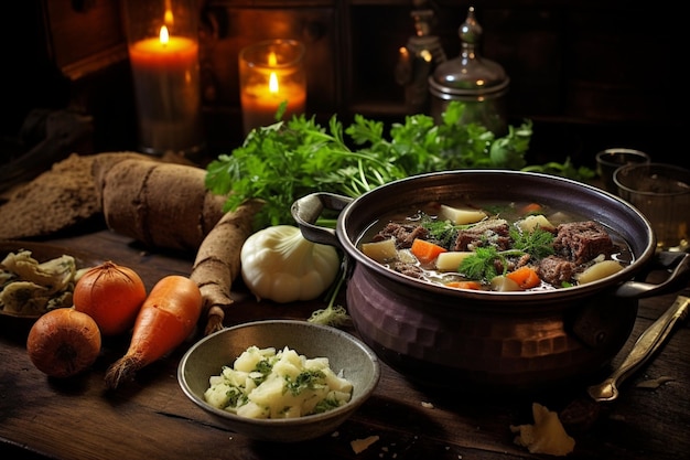 Photo irish stew in a rustic setting yummy delicious irish stew food photography