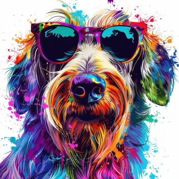 Irish Wolfhound dog wearing sunglasses in colorful pop art style