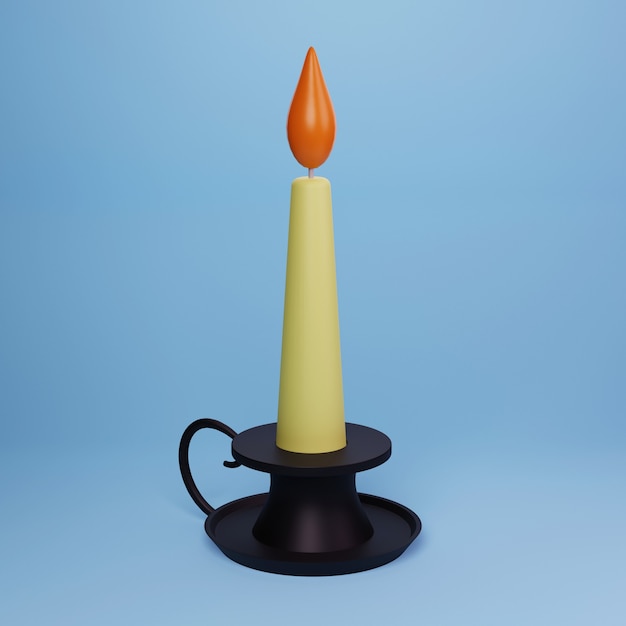 Iron candlestick with burning candle 3D render