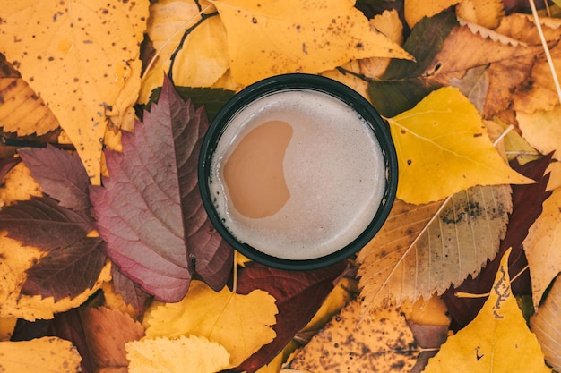 Iron cup with coffee on autumn foliage Thermosis in cold weather