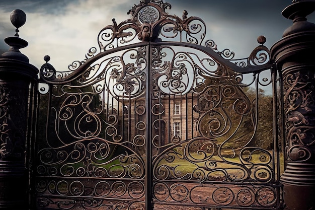 Iron gates embedded with intricate and delicate scrollwork leading to grand manor house