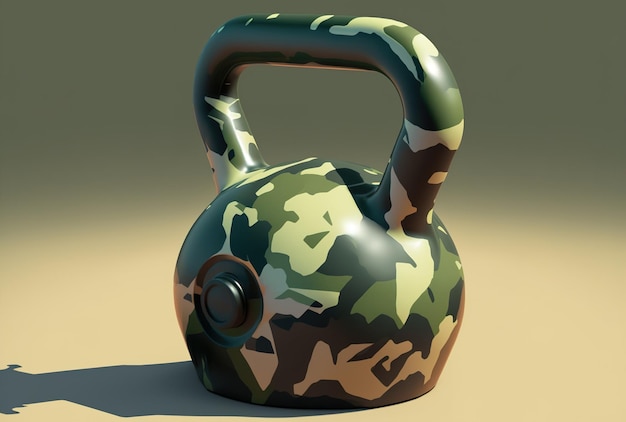 Iron kettlebell with an army motif in camouflage hues