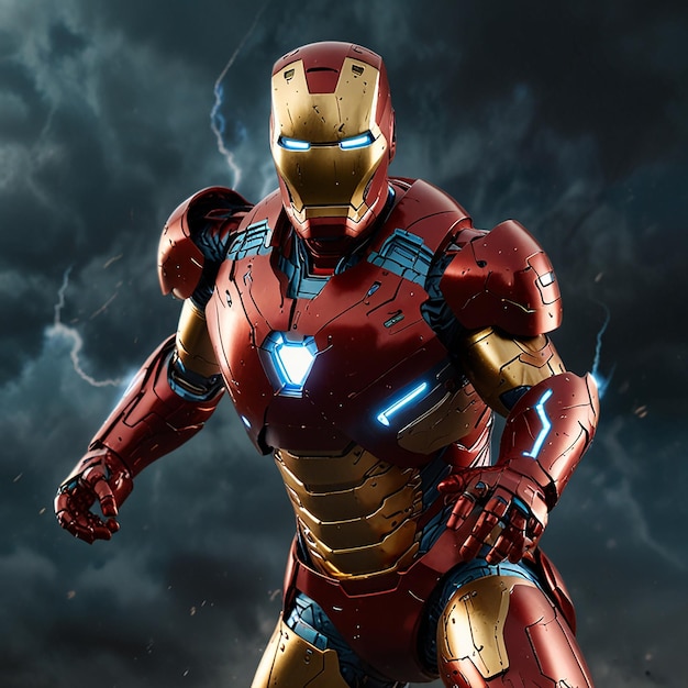 Iron Man wears a red and yellow iron suit