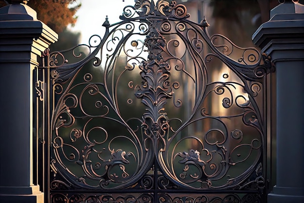 Iron mansion gates with intricate metalworking and detailed scrollwork