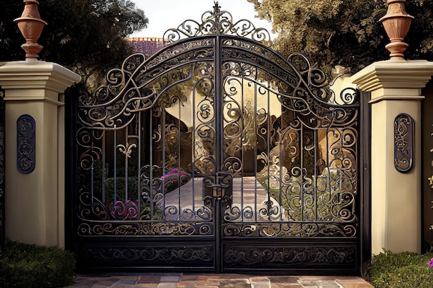 Iron mansion gates with intricate scrollwork and designs