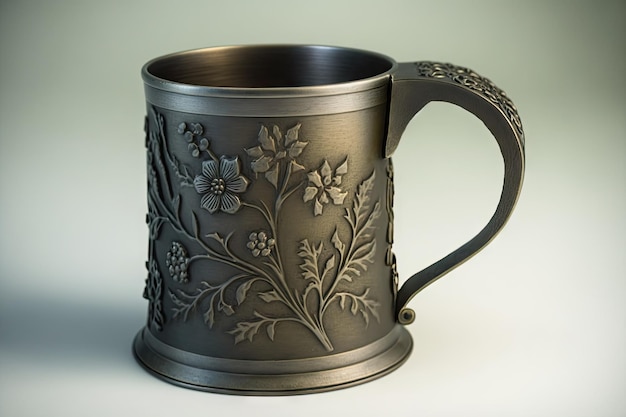 Iron mug with delicate flower or other natural motif on the handle