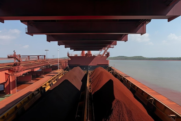 Iron ore being loaded into transport vessel at quay