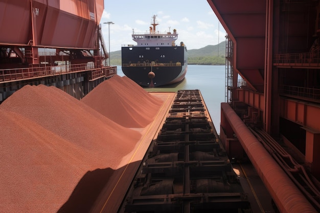 Iron ore being loaded into transport vessel at quay