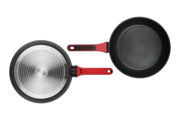 iron pan with red handle set isolated on white background