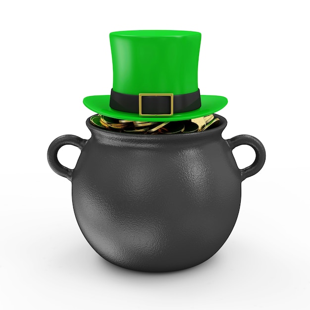 Iron Pot with Golden Coins and Green Leprechaun Hat for Traditional Irish holiday St Patricks Day