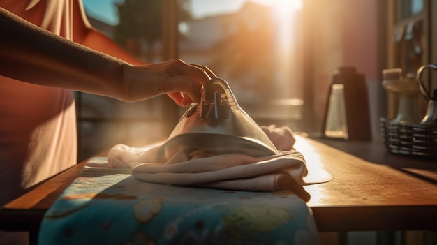 Ironing clothes on a table in a restaurant generative ai