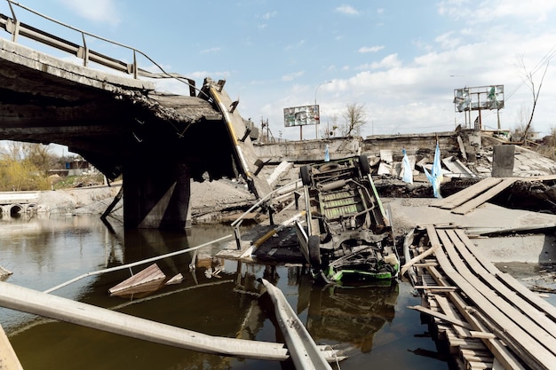 IRPIN UKRAINE APRIL 24 2022 War in Ukraine a destroyed bridge during the evacuation from the city of Irpen northwest of Kyiv during heavy shelling and bombing