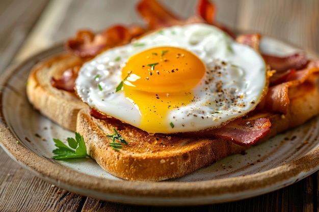 Irresistible breakfast Toast fried egg crispy bacon on rustic tableasatisfying flavors inviting indu